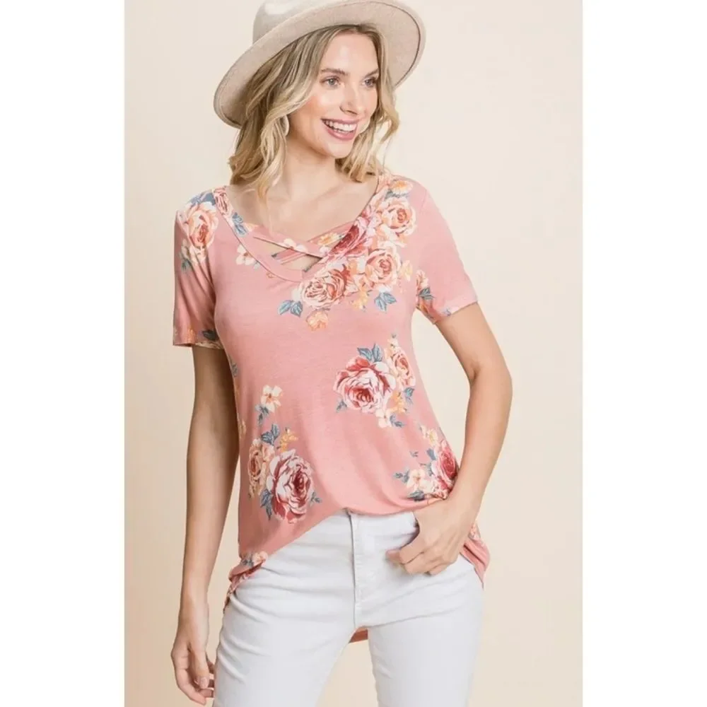 Coral Criss Cross Floral Top - Picture 3 of 5